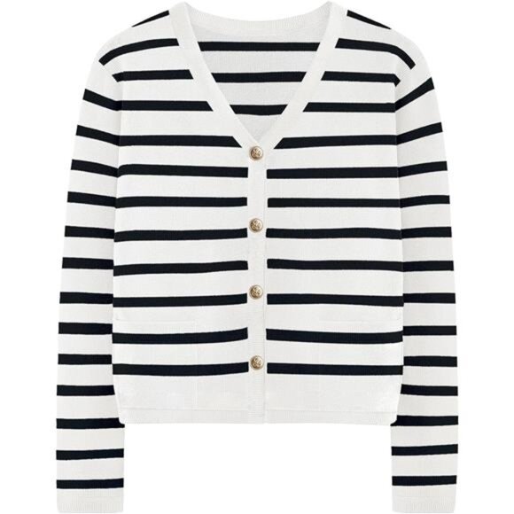Women's Striped Cardigan Sweaters - White Black - Picture 1 of 6
